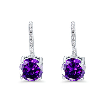 Round LeverBack Earrings Hoop Huggie Design Simulated Amethyst CZ 925 Sterling Silver (22mm)